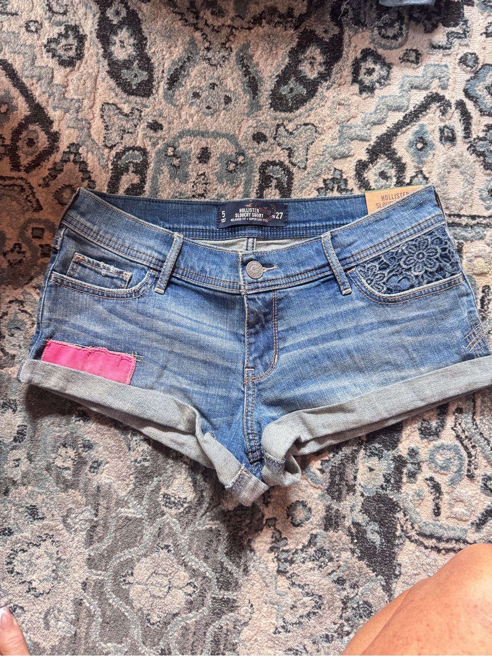 Vintage Y2K Hollister Blue Denim slouchy shorts super low Rise w/ Pink Patch